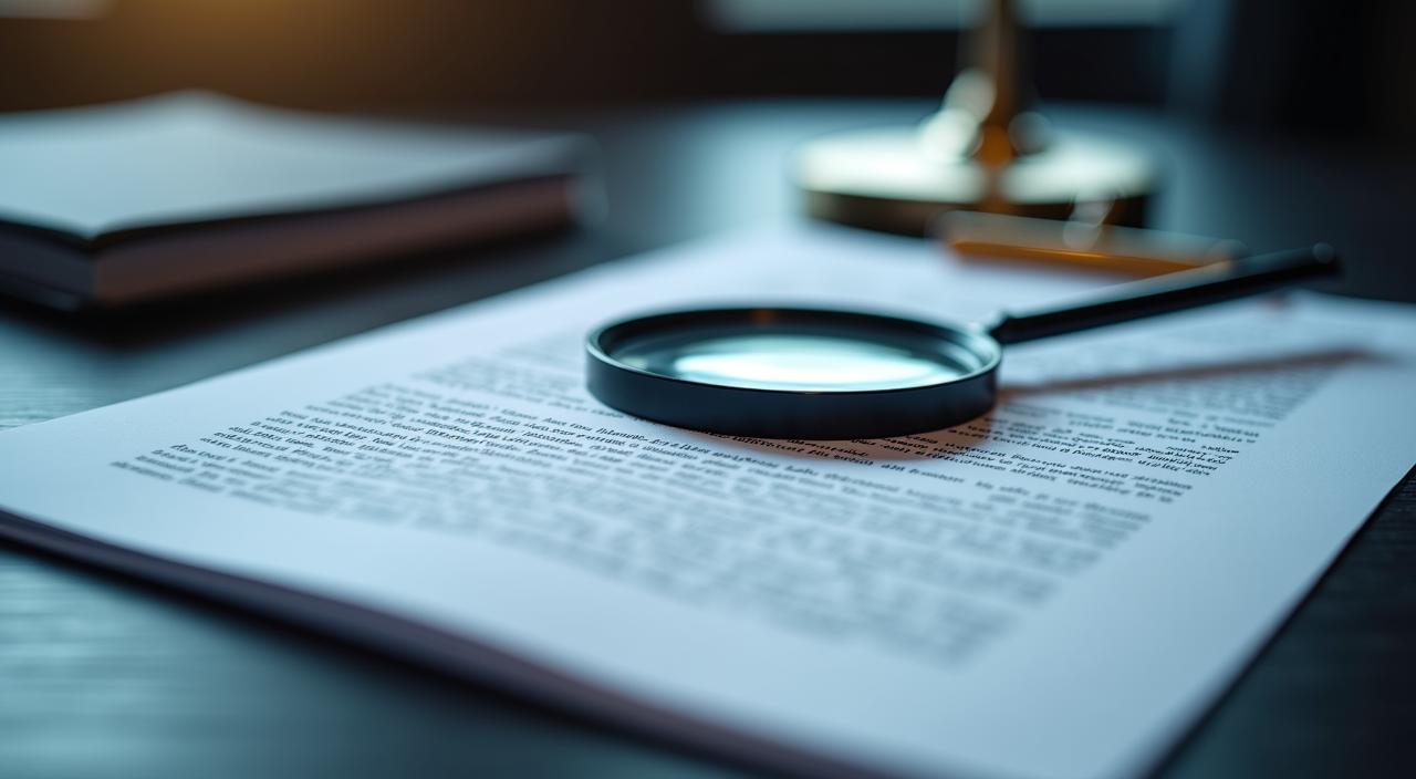 Close up of a generic legal document with a magnifying glass highlighting tiny text