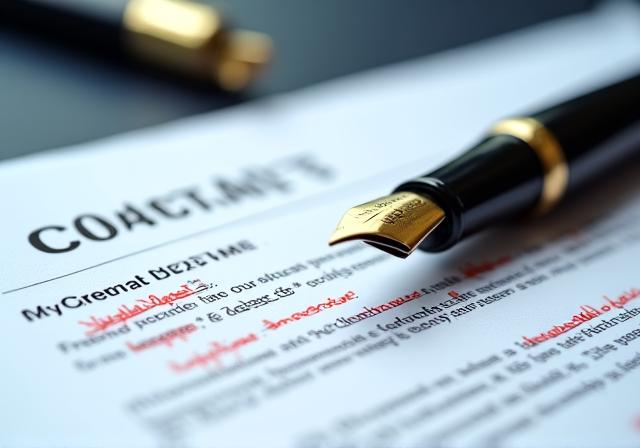 Close up of a legal professional reviewing a complex contract with a red pen and notes